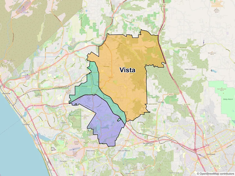 Map of Vista, California and ZIP codes