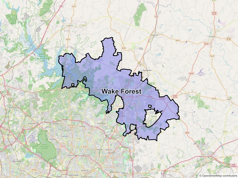 Map of Wake Forest, North Carolina and ZIP codes