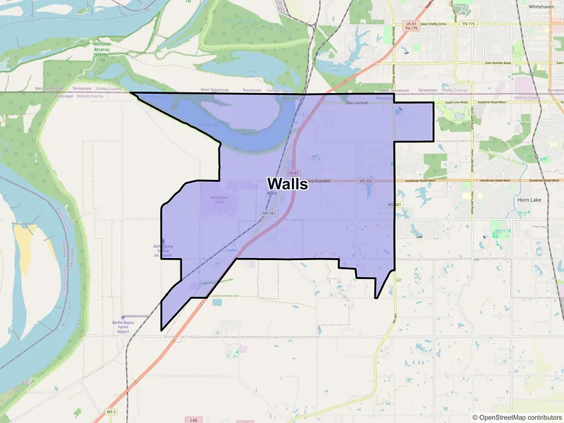 Map of Walls, Mississippi and ZIP codes