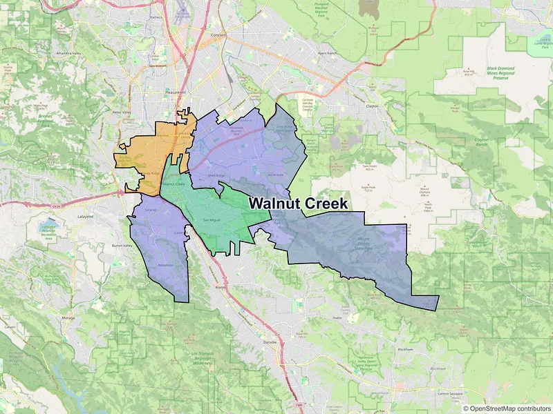 Map of Walnut Creek, California and ZIP codes