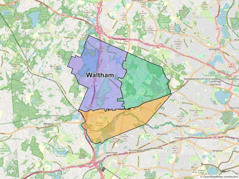 Map of Waltham, Massachusetts and ZIP codes