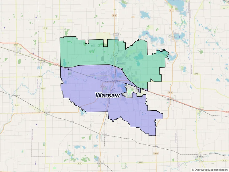 Map of Warsaw, Indiana and ZIP codes