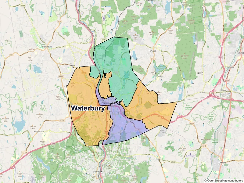 Map of Waterbury, Connecticut and ZIP codes