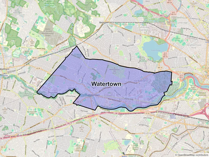 Map of Watertown, Massachusetts and ZIP codes