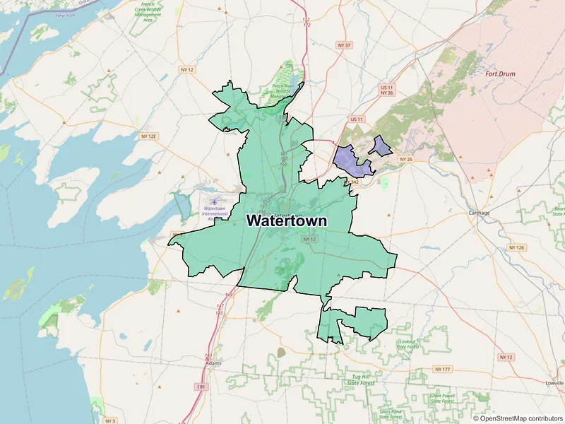 Map of Watertown, New York and ZIP codes