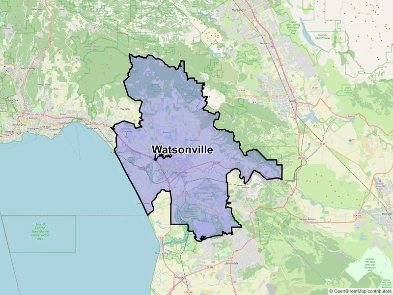 Map of Watsonville, California and ZIP codes