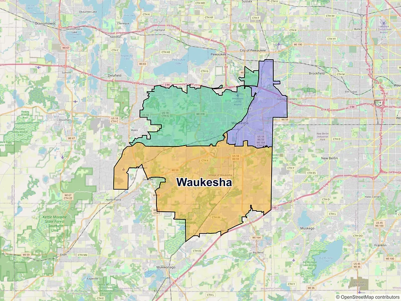 Map of Waukesha, Wisconsin and ZIP codes
