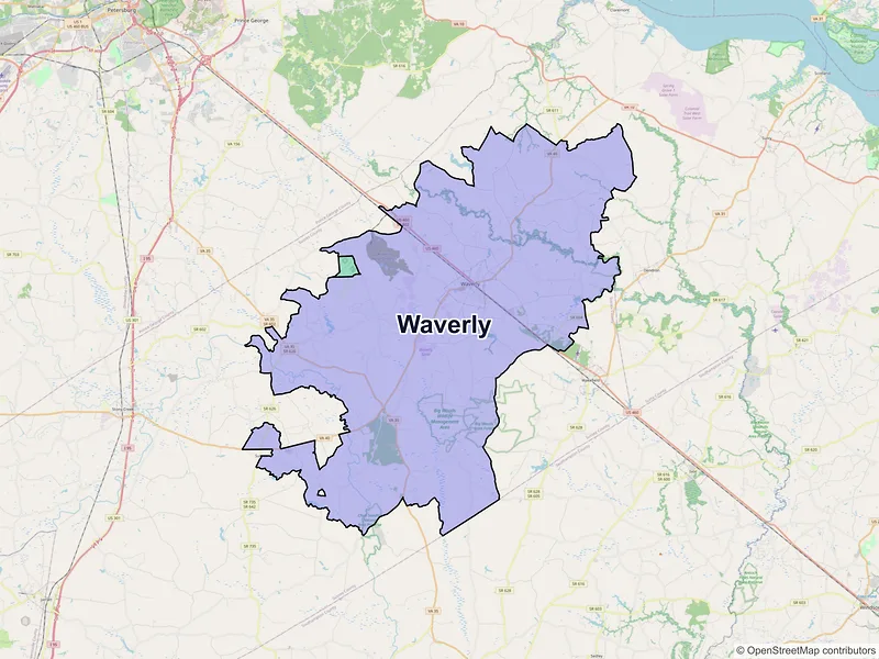 Map of Waverly, Virginia and ZIP codes