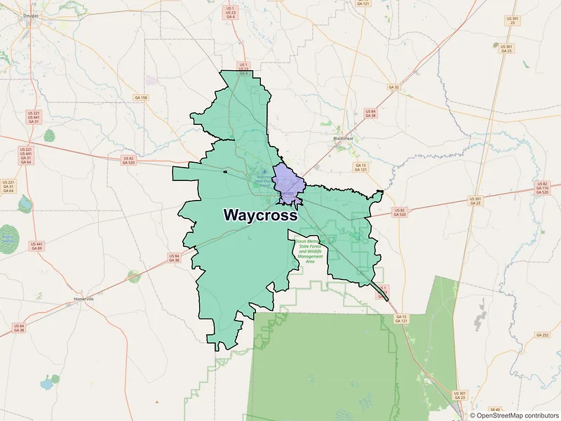 Map of Waycross, Georgia and ZIP codes