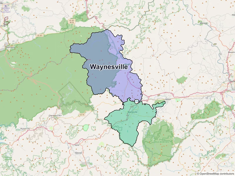 Map of Waynesville, North Carolina and ZIP codes