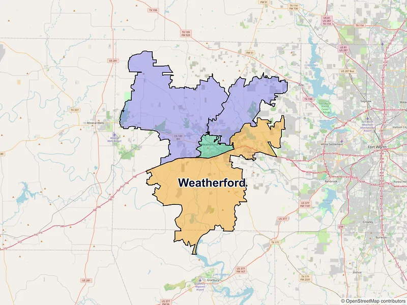 Map of Weatherford, Texas and ZIP codes