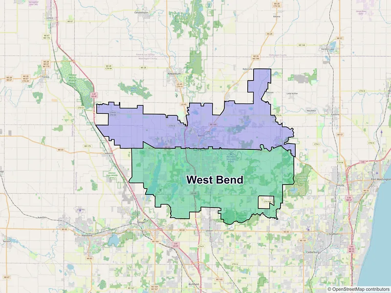 Map of West Bend, Wisconsin and ZIP codes