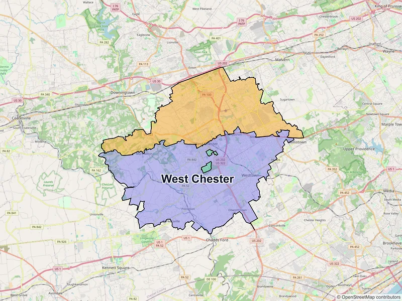 Map of West Chester, Pennsylvania and ZIP codes