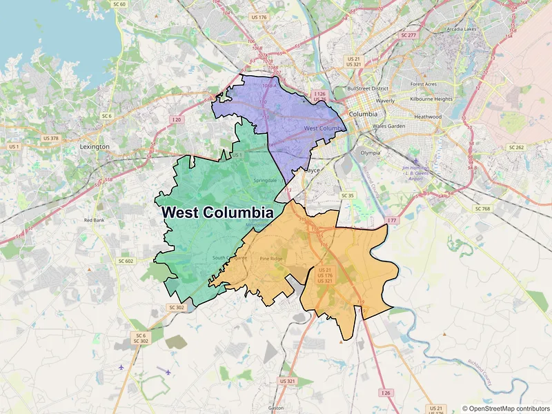 Map of West Columbia, South Carolina and ZIP codes