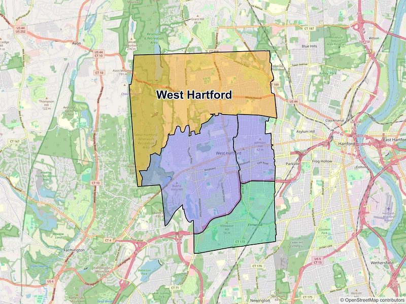 Map of West Hartford, Connecticut and ZIP codes
