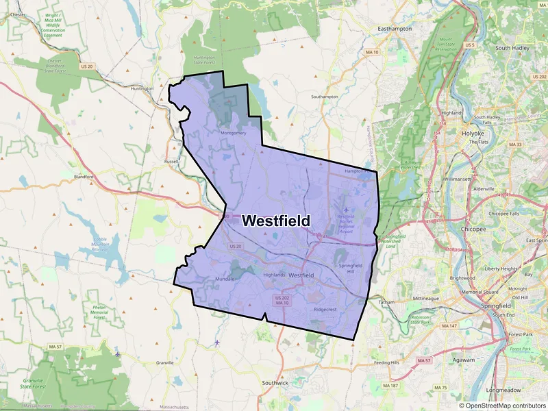 Map of Westfield, Massachusetts and ZIP codes