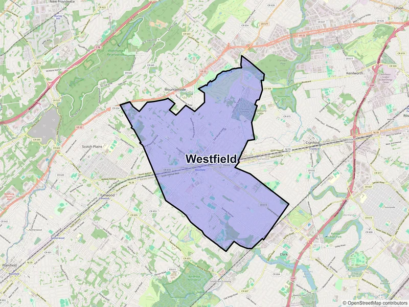 Map of Westfield, New Jersey and ZIP codes