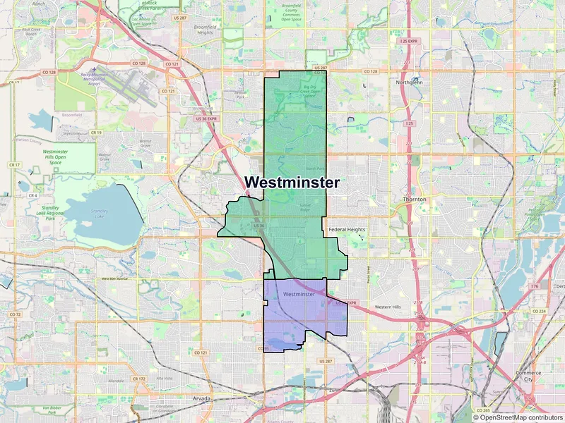 Map of Westminster, Colorado and ZIP codes