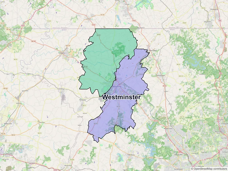 Map of Westminster, Maryland and ZIP codes