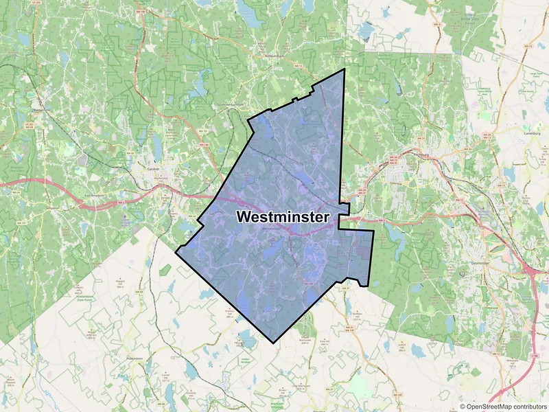 Map of Westminster, Massachusetts and ZIP codes