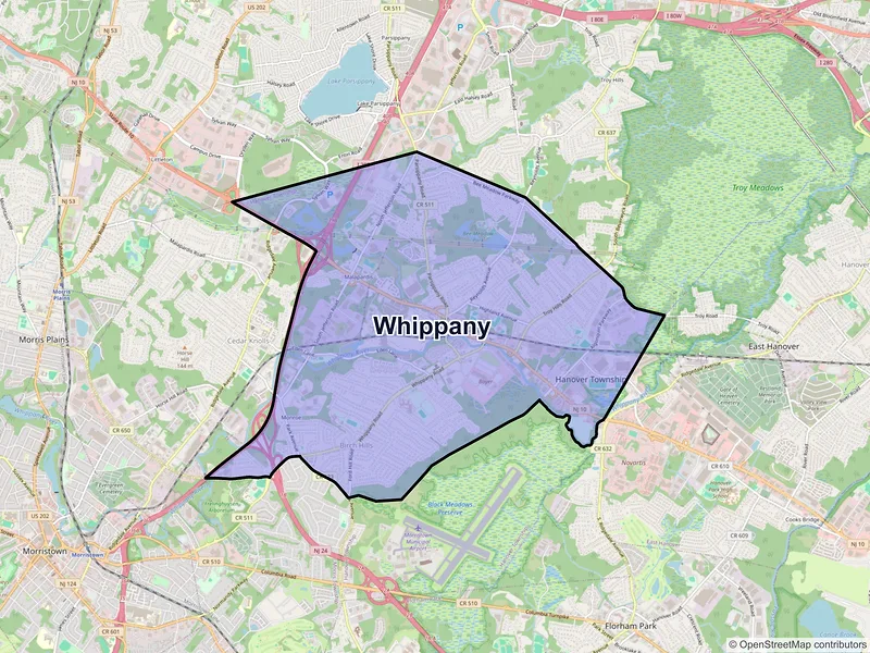 Map of Whippany, New Jersey and ZIP codes