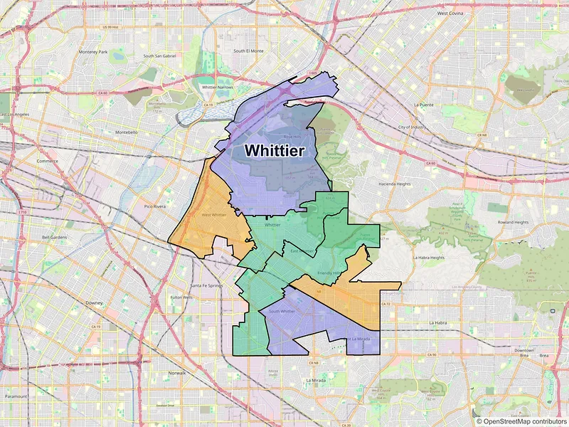 Map of Whittier, California and ZIP codes
