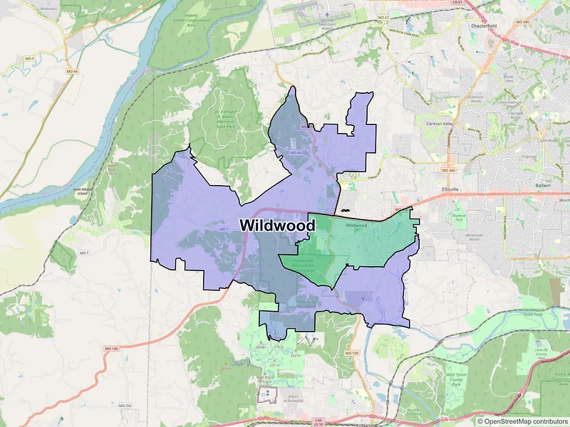 Map of Wildwood, Missouri and ZIP codes