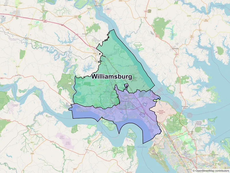 Map of Williamsburg, Virginia and ZIP codes