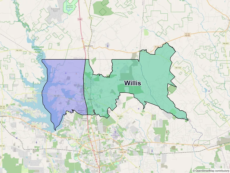 Map of Willis, Texas and ZIP codes