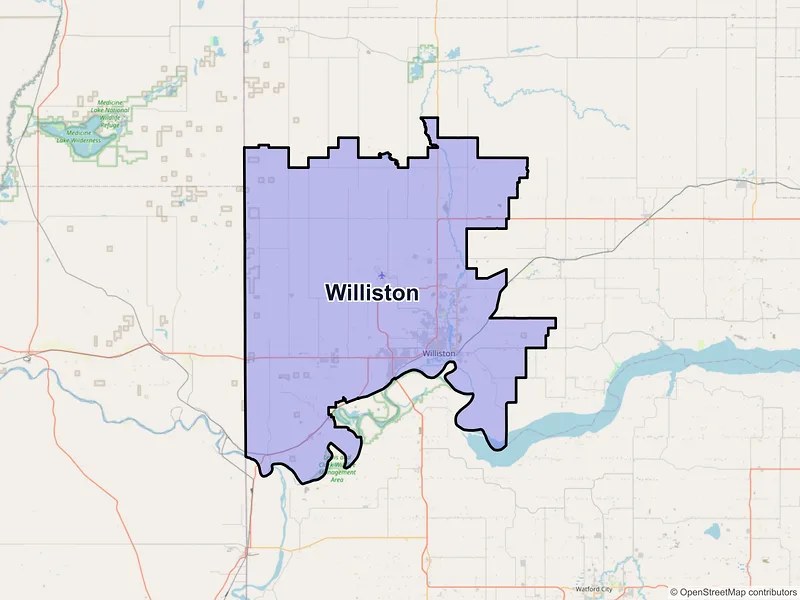 Map of Williston, North Dakota and ZIP codes