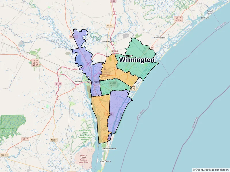 Map of Wilmington, North Carolina and ZIP codes
