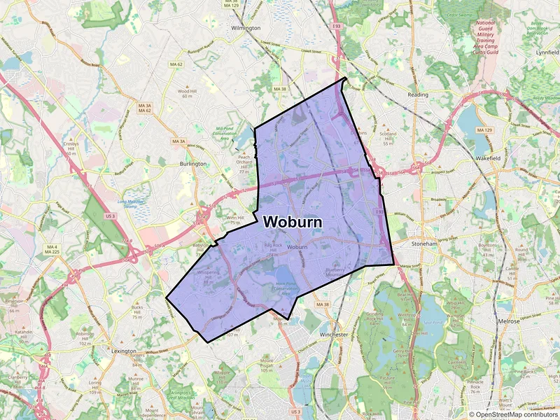 Map of Woburn, Massachusetts and ZIP codes