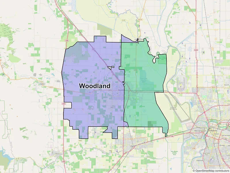Map of Woodland, California and ZIP codes