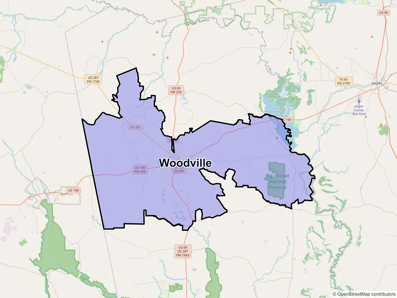 Map of Woodville, Texas and ZIP codes