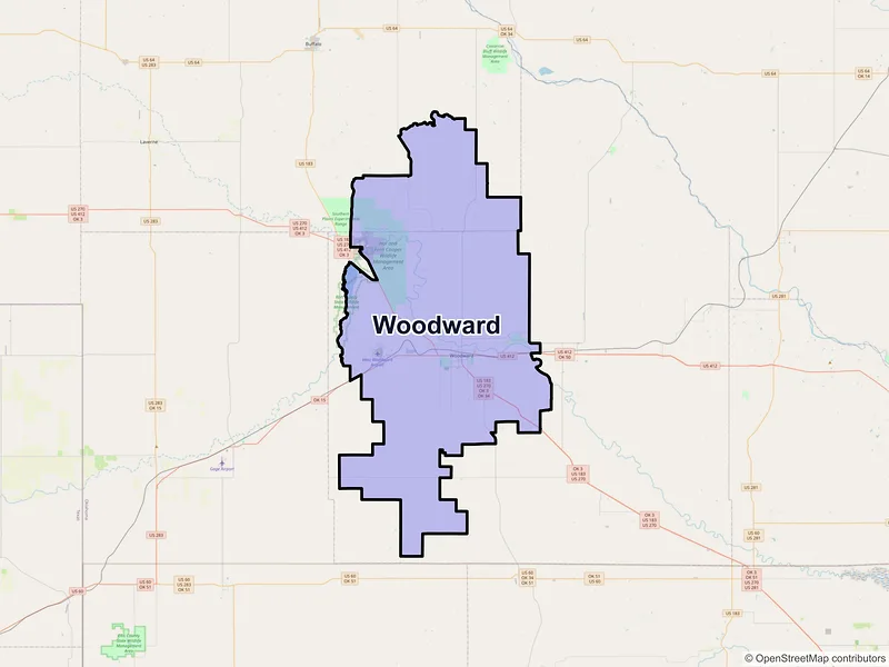 Map of Woodward, Oklahoma and ZIP codes