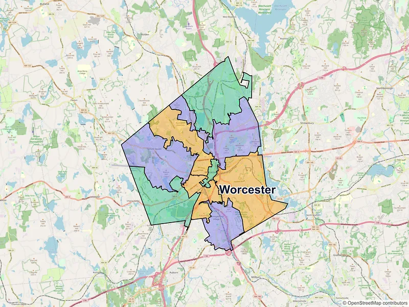 Map of Worcester, Massachusetts and ZIP codes