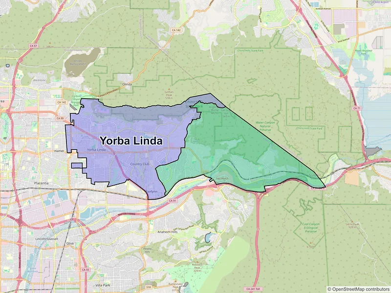 Map of Yorba Linda, California and ZIP codes