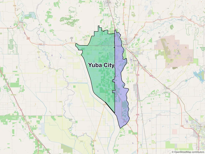 Map of Yuba City, California and ZIP codes