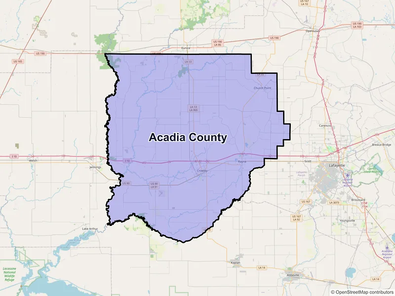 Map of Acadia County, Louisiana and ZIP codes