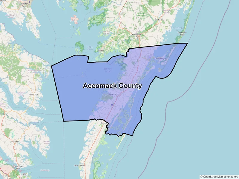 Map of Accomack County, Virginia and ZIP codes