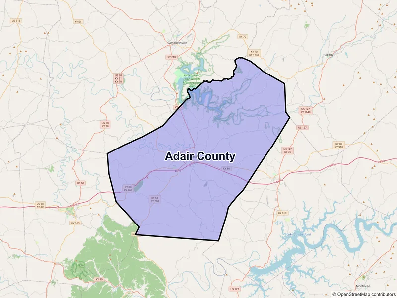 Map of Adair County, Kentucky and ZIP codes