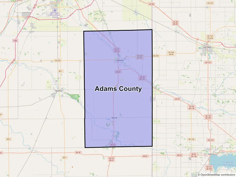 Map of Adams County, Indiana and ZIP codes