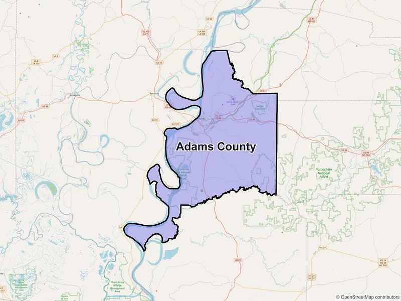 Map of Adams County, Mississippi and ZIP codes