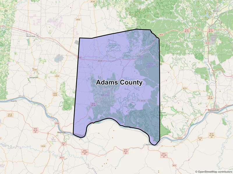 Map of Adams County, Ohio and ZIP codes