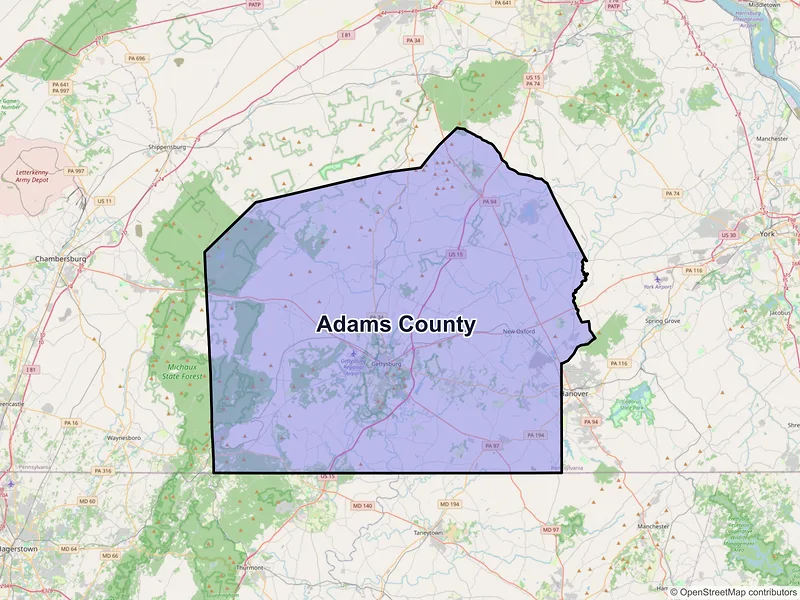 Map of Adams County, Pennsylvania and ZIP codes