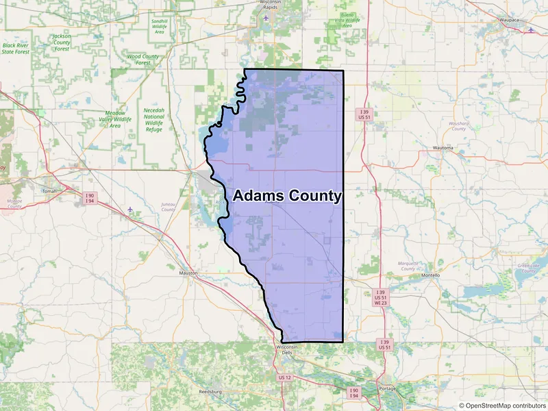 Map of Adams County, Wisconsin and ZIP codes