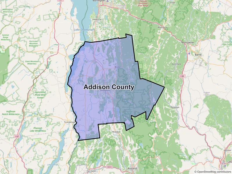 Map of Addison County, Vermont and ZIP codes