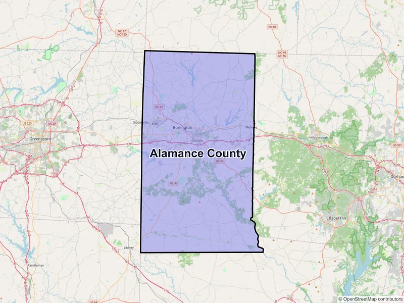 Map of Alamance County, North Carolina and ZIP codes
