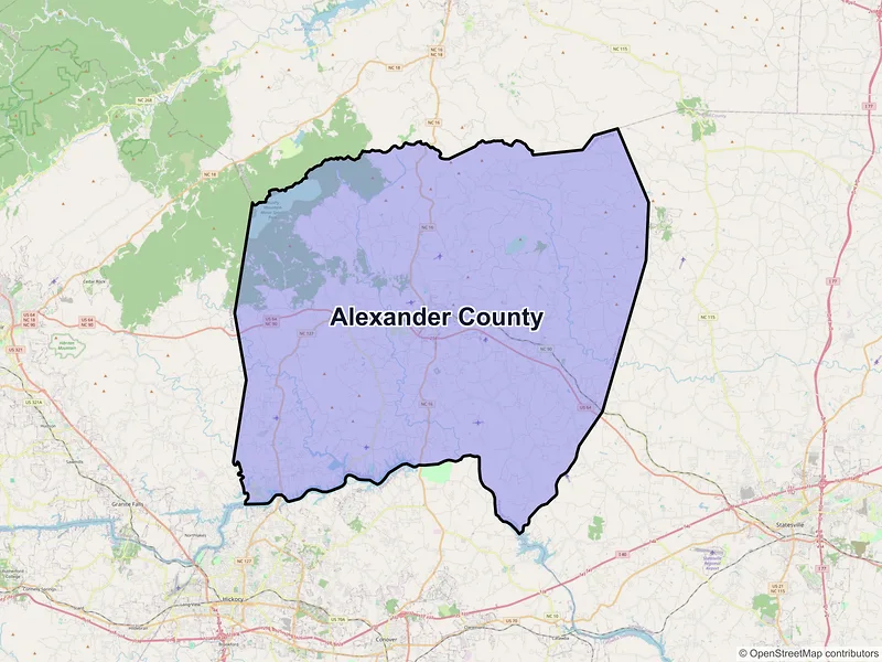 Map of Alexander County, North Carolina and ZIP codes