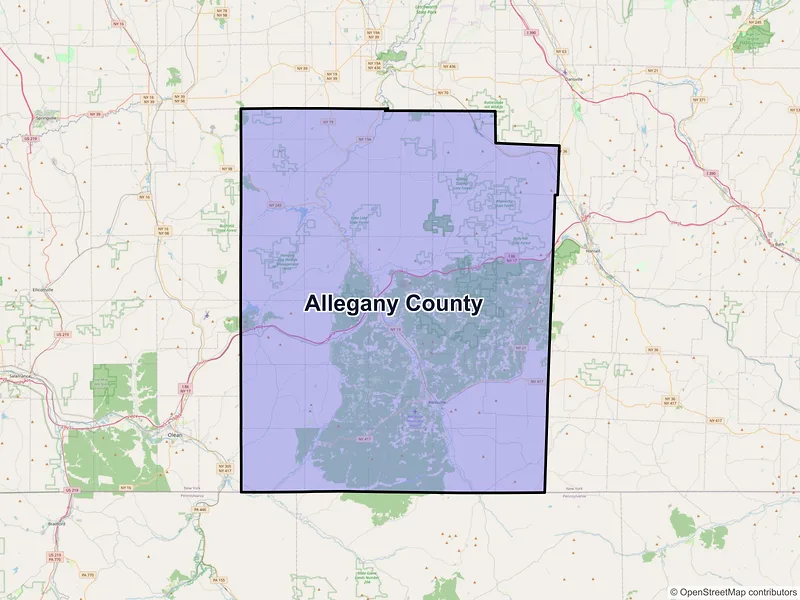 Map of Allegany County, New York and ZIP codes